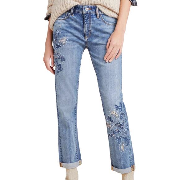 Anthropologie Denim - Anthropologie Pilcro Embroidered Slim Boyfriend Jeans 25 Distressed Patch Floral